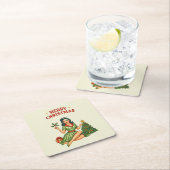 Dessous-de-verre Carré En Papier Retro Merry Christmas Pin-Up Paper Coaster (En situation)