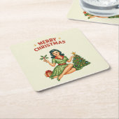 Dessous-de-verre Carré En Papier Retro Merry Christmas Pin-Up Paper Coaster (Incliné)
