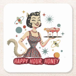 Dessous-de-verre Carré En Papier Rétro Pin-Up Chat Atomique   "Happy Hour, Chérie" 