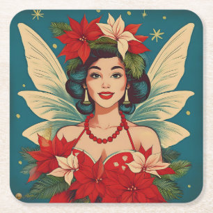 Dessous-de-verre Carré En Papier Rétro Reine de Beauté Pin-Up de Noël Tropical des