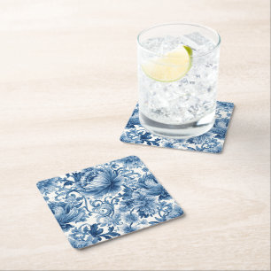 Dessous-de-verre Carré En Papier Rêves Bleus Chinoiserie Florale Aquarelle Blanch