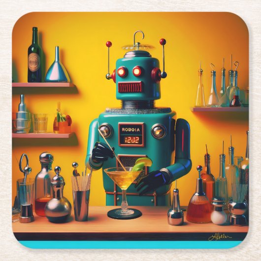 Dessous-de-verre Carré En Papier Robot futuriste rétro ROBIA 12J2 Mixologue (Devant)