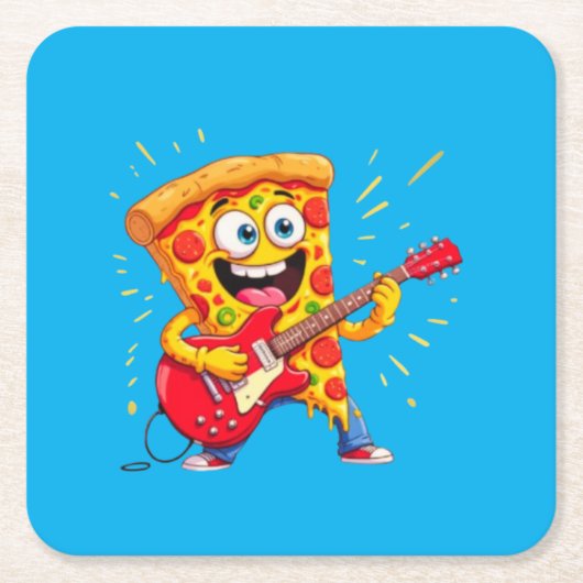 Dessous-de-verre Carré En Papier **Rock ’n’ Roll Pizza – Funny Guitar-Playing Slice (Devant)