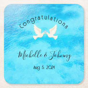 Dessous-de-verre Carré En Papier Romantique - deux colombes avec un cœur rose sur f