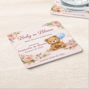 Dessous-de-verre Carré En Papier Rondelles de Baby Shower   Ours bébé en fleurs