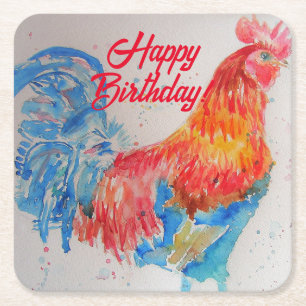 Dessous-de-verre Carré En Papier Rooster rouge aquarelle peinture art Anniversaire