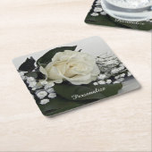 Dessous-de-verre Carré En Papier Rose blanche élégante et romantique Personnaliser (Incliné)