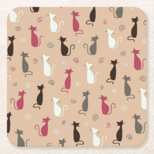 Dessous-de-verre Carré En Papier rose de motif de chats