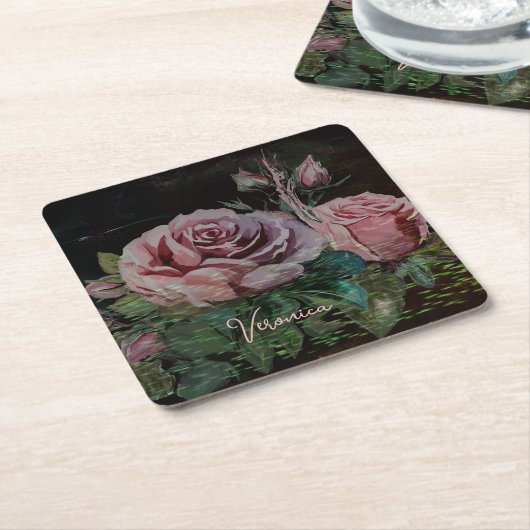 Dessous-de-verre Carré En Papier Rose Floral Noir (Incliné)