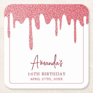 Dessous-de-verre Carré En Papier Rose Gold Chic Pailleté Anniversaire 16 Ans Dégoul