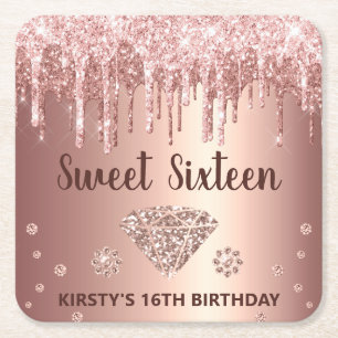 Dessous-de-verre Carré En Papier Rose Gold qui dégouline de Glitter & Diamant Sweet