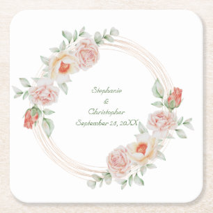 Dessous-de-verre Carré En Papier Rose pêche rose vert floral cadre or mariage