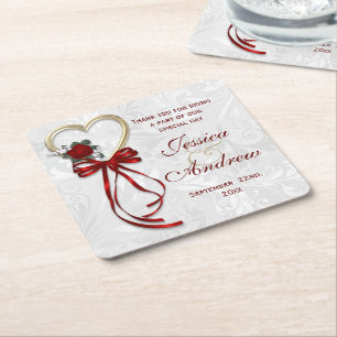 Dessous-de-verre Carré En Papier Rose Romantique, Cœur d'Or et Ruban Rouge