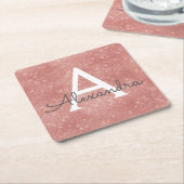 Dessous-de-verre Carré En Papier Rose Rose Gold Girl Étincelle Monogramme Anniversa (Incliné)