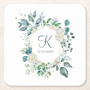 Dessous-de-verre Carré En Papier Roses blanches à monogramme et feuillage Eucalyptu