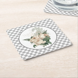 Dessous-de-verre Carré En Papier Roses blanches vintage damier
