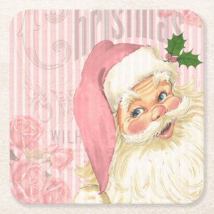 Dessous-de-verre Carré En Papier Roses de Père Noël victorien vintage rose