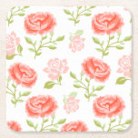 Dessous-de-verre Carré En Papier Roses élégantes roses roses roses roses<br><div class="desc">Des roses roses roses roses et des feuilles vert pastel sur un arrière - plan blanc.</div>