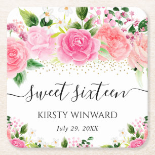Dessous-de-verre Carré En Papier Roses Fleurs Roses Aquarelle Sweet Sixteen