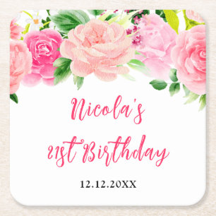 Dessous-de-verre Carré En Papier Roses Roses Florales Anniversaire