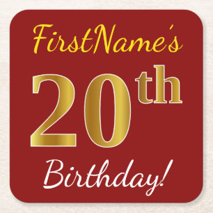 Dessous-de-verre Carré En Papier Rouge, Faux Gold 20e anniversaire + Nom personnali