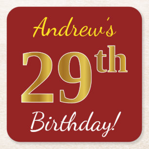 Dessous-de-verre Carré En Papier Rouge, Faux Gold 29e anniversaire + Nom personnali