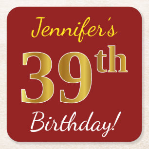 Dessous-de-verre Carré En Papier Rouge, Faux Gold 39e anniversaire + Nom personnali