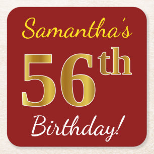 Dessous-de-verre Carré En Papier Rouge, Faux Gold 56e anniversaire + Nom personnali