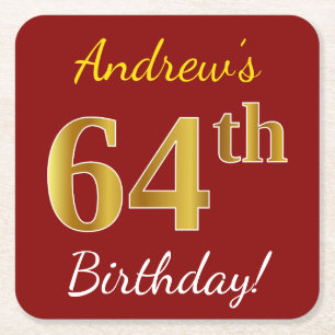 Dessous-de-verre Carré En Papier Rouge, Faux Gold 64e anniversaire + Nom personnali