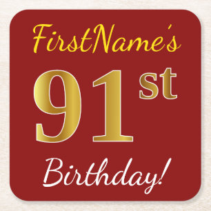 Dessous-de-verre Carré En Papier Rouge, Faux Gold 91e anniversaire + Nom personnali
