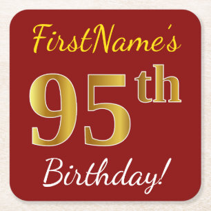 Dessous-de-verre Carré En Papier Rouge, Faux Gold 95e anniversaire + Nom personnali