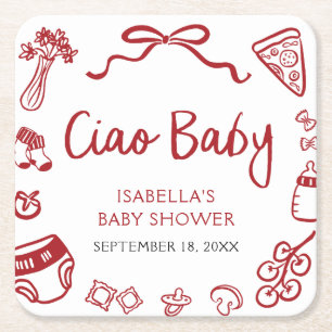 Dessous-de-verre Carré En Papier Rouge Italien Main Tirée Pizza Ciao Baby shower bé