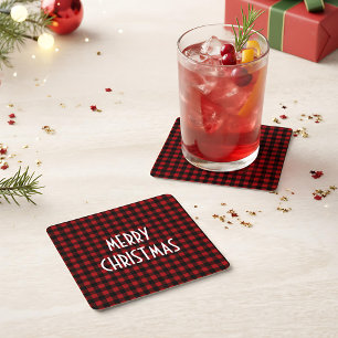 Dessous-de-verre Carré En Papier Rouge rustique et noir Buffalo plaqué Joyeux Noël