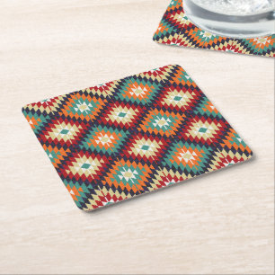 Dessous-de-verre Carré En Papier Rouge vert orange jaune noir blanc oriental Kilim