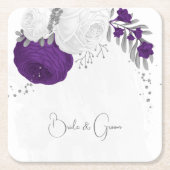 Dessous-de-verre Carré En Papier royal violet et fleurs blanches argent (Devant)