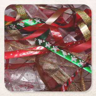 Dessous-de-verre Carré En Papier Rubans de Noël Rouge Vert et Or Fêtes