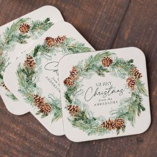 Dessous-de-verre Carré En Papier Russe Aquarelle Pine Cône Wreath Joyeux Noël