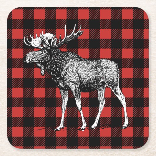 Dessous-de-verre Carré En Papier Russe Moose Rouge et noir Buffalo Check Plaid (Devant)