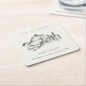 Dessous-de-verre Carré En Papier Rustic Green Pine Woods Mountain Sketch Mariage (Incliné)