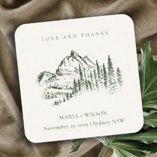 Dessous-de-verre Carré En Papier Rustic Green Pine Woods Mountain Sketch Mariage