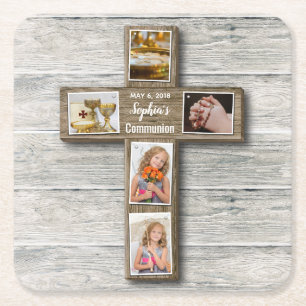 Dessous-de-verre Carré En Papier Rustic Wood Cross First Communion Photo - Dessous 