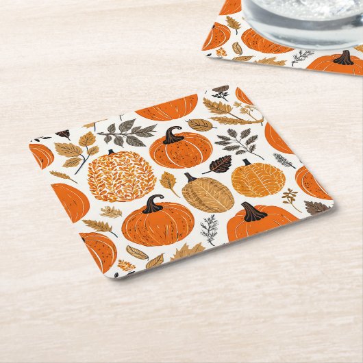 Dessous-de-verre Carré En Papier Rustique Automne Orange Citrouille Motif de feuill (Incliné)