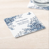 Dessous-de-verre Carré En Papier Rustique Jardin Bleu Aquarelle blanche Mariage Flo (Incliné)