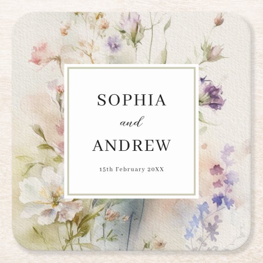 Dessous-de-verre Carré En Papier Rustique Retro Fleur sauvage d'aquarelle Mariage (Devant)