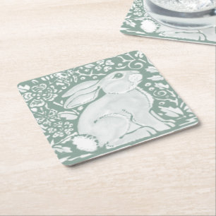 Dessous-de-verre Carré En Papier Sage Green Woodland Rabbit Forêt Animal mite