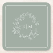 Dessous-de-verre Carré En Papier Sage moderne Vert poitrine Mariage Monogramme Squ (Devant)