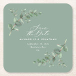 Dessous-de-verre Carré En Papier Sage vert élégant moderne eucalyptus enregistrer l<br><div class="desc">Eucalyptus verdure feuillage moderne minimaliste élégant contemporain jardin Mariage décor de fête de jardin contemporain sauver le dessous de verre date. Design botanique contemporain simple. Sage vert,  bleu marine,  noir et blanc élégant colorway moderne convient printemps,  été automne,  automne et blanc cérémonies mariages.</div>