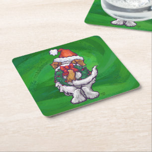 Dessous-de-verre Carré En Papier Saint Bernard mignonne à Santa Chapeau sur Vert