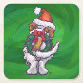 Dessous-de-verre Carré En Papier Saint Bernard mignonne à Santa Chapeau sur Vert (Devant)