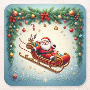 Dessous-de-verre Carré En Papier Santa Claus Riding Sleigh avec un renne